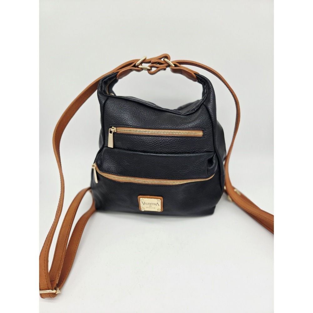 Valentina Italian Leather Black Backpack Convertible Strap Shoulder Bag